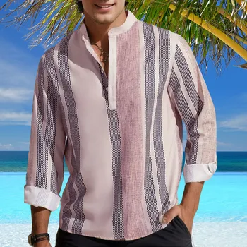 Най-добрите Мъжки Ризи С Дълъг Яка, Модни Хавайски Свободна Риза-часова копчета, Празнична Риза райе с ръкав Надолу, Дрехи За Пътуване, Плаж