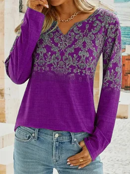 Офис женски пуловер с 3D принтом, тениска 2023, Есен/Зима, Новата модерна ежедневна тениска с V-образно деколте в етнически стил и дълъг ръкав за жени