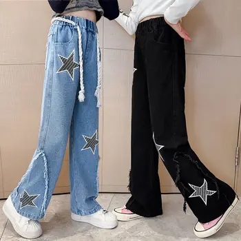 Панталони за момичета Нови модни дънки със звездите за момичета среден и голям размер, пролетно-есенни детски панталони за децата от началното училище