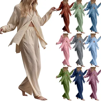 Пижами, изработени от чист памук и лен цвят Каки, Однобортные широки панталони с V-образно деколте, Брючные костюми с заниженными ръкав, Женски комплект Дрехи за почивка от 2 теми