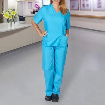 Професионален комплект униформи на медицински сестри с V-образно деколте за салон, спа център, се грижи за домашни любимци, обикновена блузи с къс ръкав, Панталони за работа