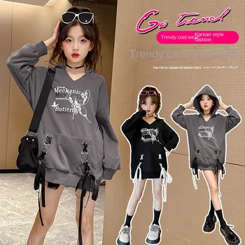 Пуловер за момичета, пролет-есен 2023, Нова корейска версия, Модно палто със средна дължина, с качулка, худи за момичета