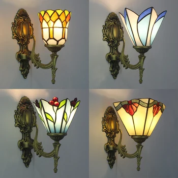 Ретро стенен лампа с абажуром от витражного стъкло Tiffany, Стенни лампи за спалня, коридор, спалня, всекидневна, Led огледално-рефлексни тела
