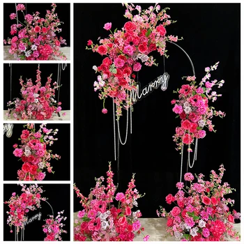 Розова сватбена аранжировка с цветна топка, стенни арка, висящи цветя редица, централен елемент на декора, за партита, сценична пътна споразумение, подова композиция