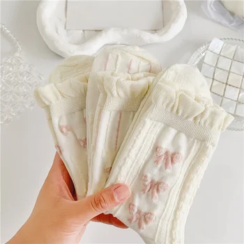 Сладки бели чорапи, Универсални, с хубав лък и дребни цветове, Дамски чорапи със средна дължина, Памучни чорапи за момичета в стила на Kawai Харадзюку, Jk, Лолита