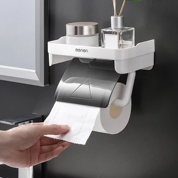 Стенен държач за ролка хартия без дупки, Органайзер за съхранение в банята, Пластмасов стелаж за тоалетна хартия, аксесоари за съхранение телефони