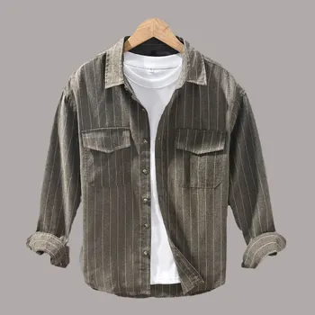 Универсална мъжка риза в райе от памук и лен в Ретро стил с дълги ръкави, Пролет-Есен, Ежедневни блузи с двойни джобове, Ризи, Мъжки дрехи