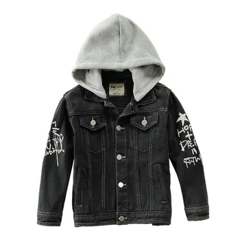 Черен деним яке, модерен дизайн с принтом, детско джинсовое палто с качулка за момчета-тийнейджъри, дължина на дрехите 100-160 см, LC083