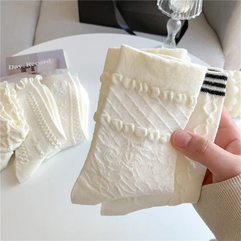 Чорапи за жени от от памук, Новият японски стил Kawaii, Прости сладки чорапи За момичета, Дишащи Красиви Дантелени Модни чорапи с рюшами, Бели