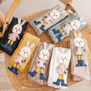 Чорапогащник за момичета, пролетно-есенни памучни трикотажни детски чорапогащник с анимационни заек, детски чорапогащи за момичета 2-7 години